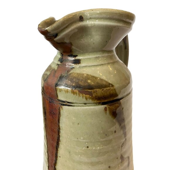 VTG Stoneware Studio Speckled Drip Glaze Beige, Maroon Brown TALL Pitcher - Picture 6 of 14